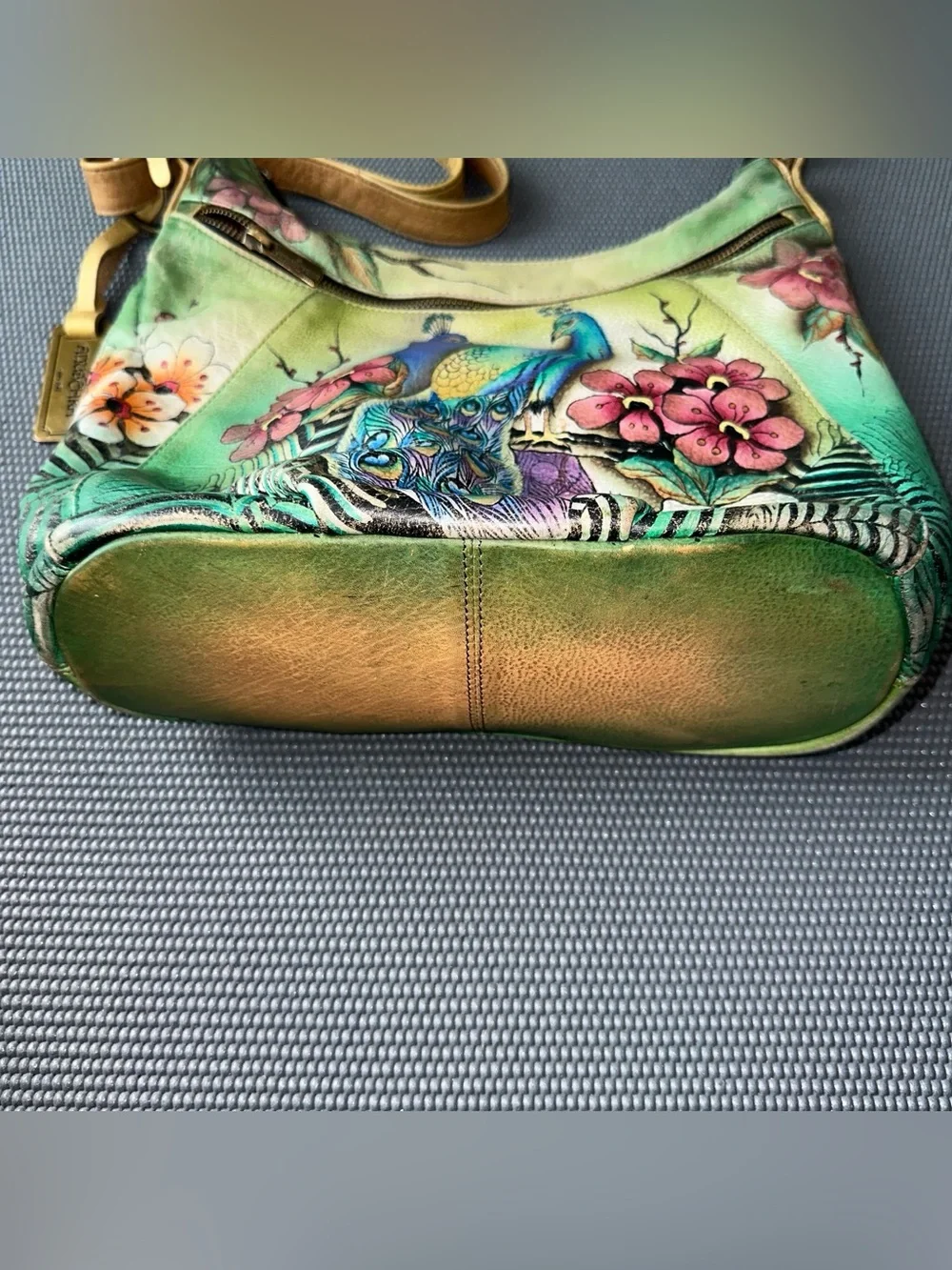 Anuschka Hand Painted Genuine Leather Hobo Shoulder Bag Peacock Floral